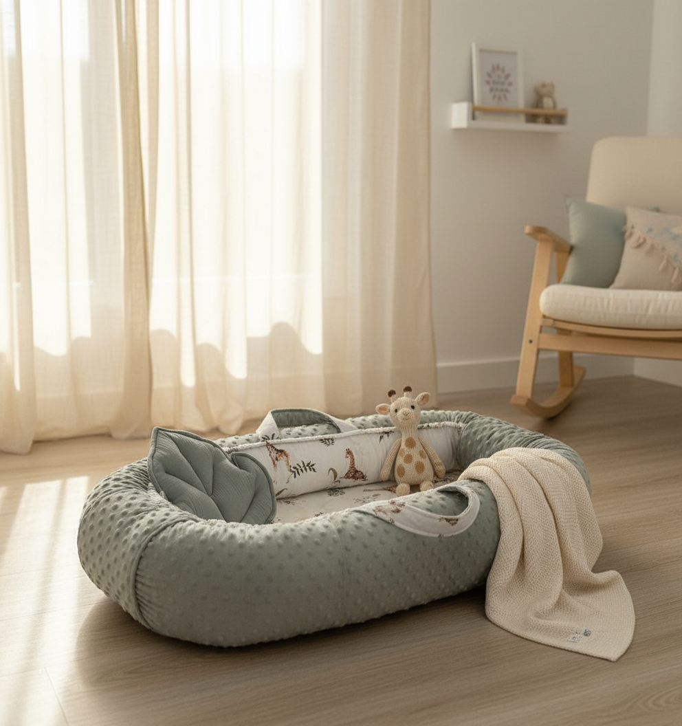 Baby play mat with toys on a wooden floor in a room with curtains and a chair.