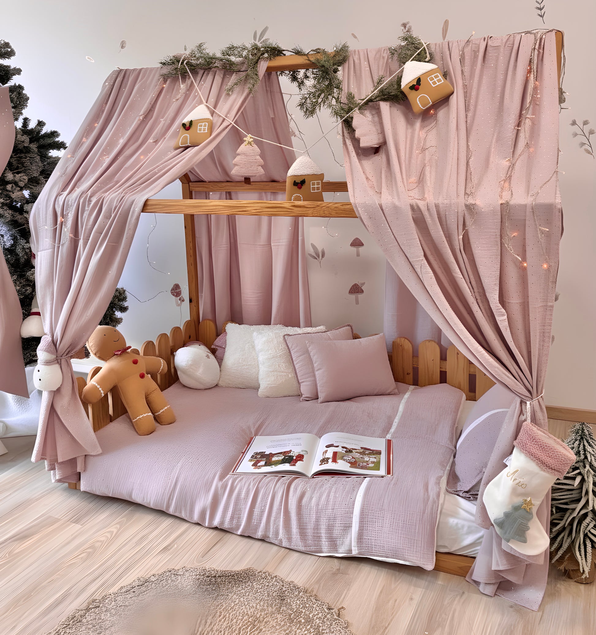 Handmade Kids Bed Canopy with Pink Curtains & White Bow – Girls Room Decor