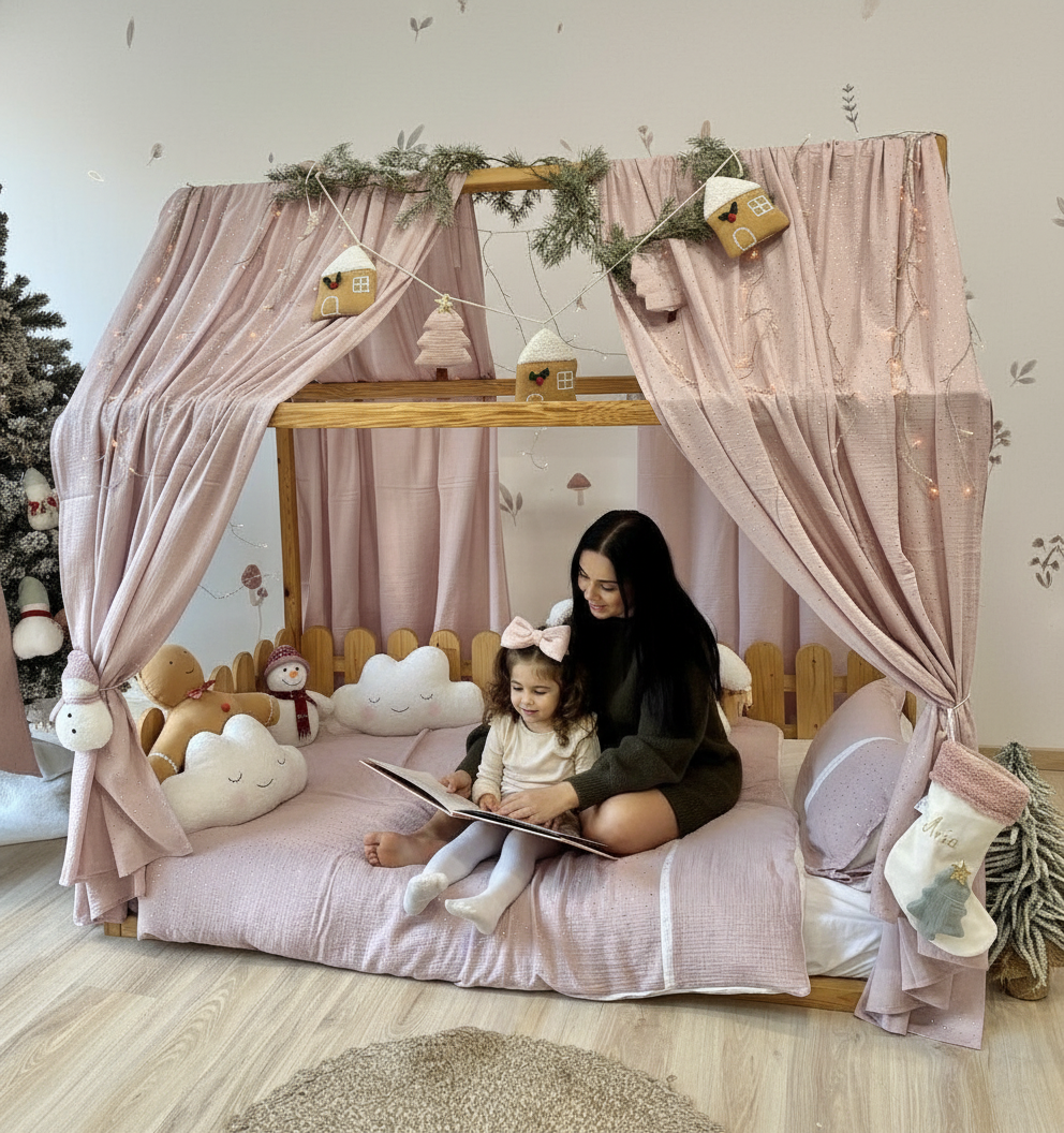 Handmade Kids Bed Canopy with Pink Curtains & White Bow – Girls Room Decor