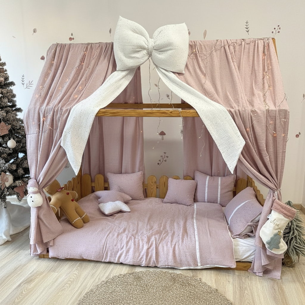Handmade Kids Bed Canopy with Pink Curtains & White Bow – Girls Room Decor