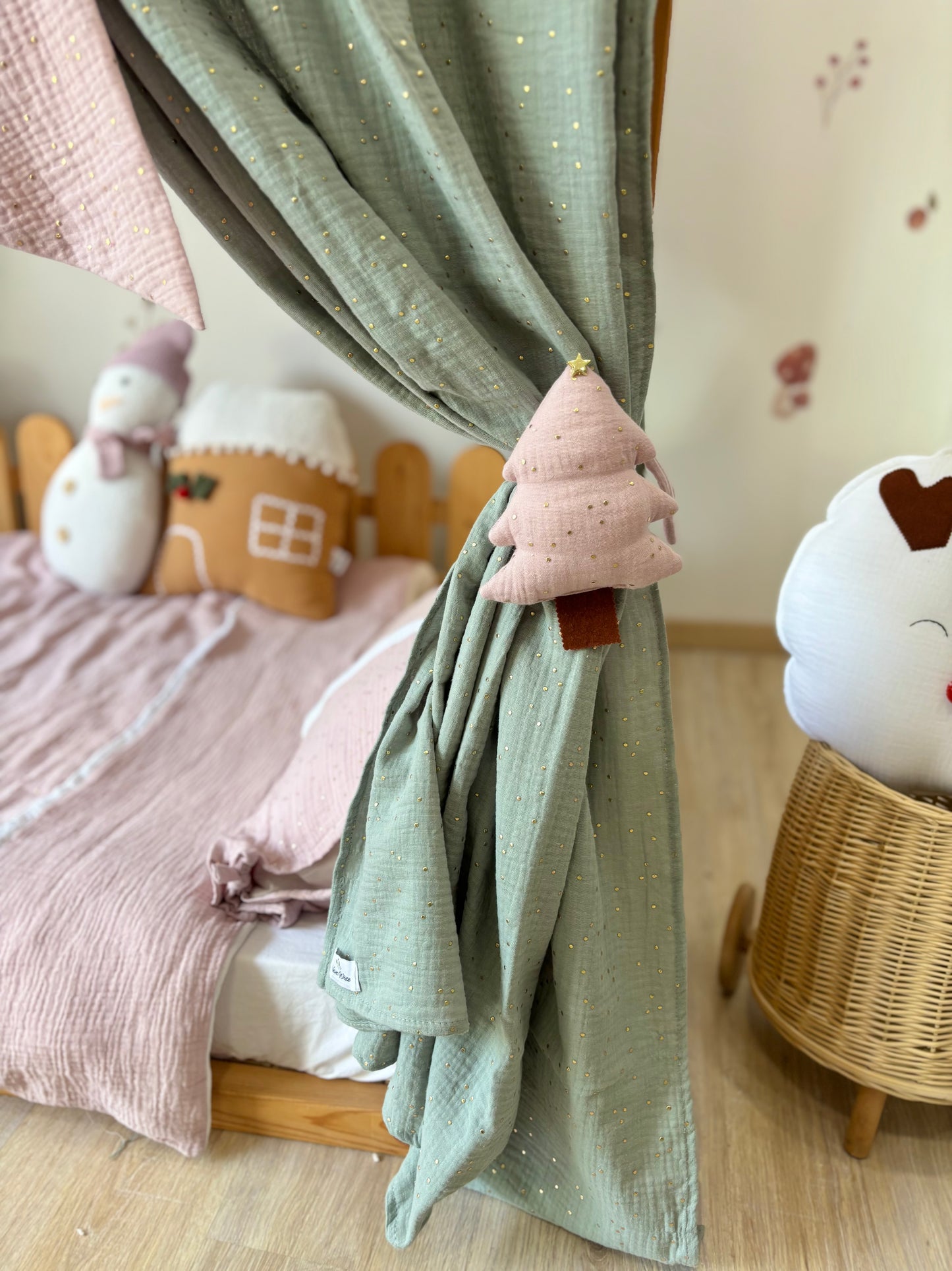 Handmade Kids Bed Canopy with Mint Curtains & Pink Bow – Girls Room Decor