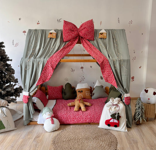 Handmade Christmas Canopy Bed for Kids – Mint Curtains, Red Bow & Cozy Holiday Bedding Set