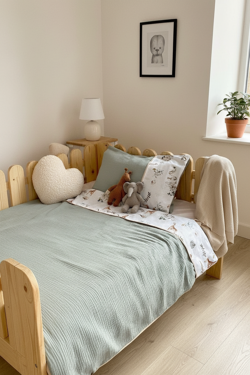 Handmade safari cotton muslin duvet cover set styled on wooden Montessori toddler bed