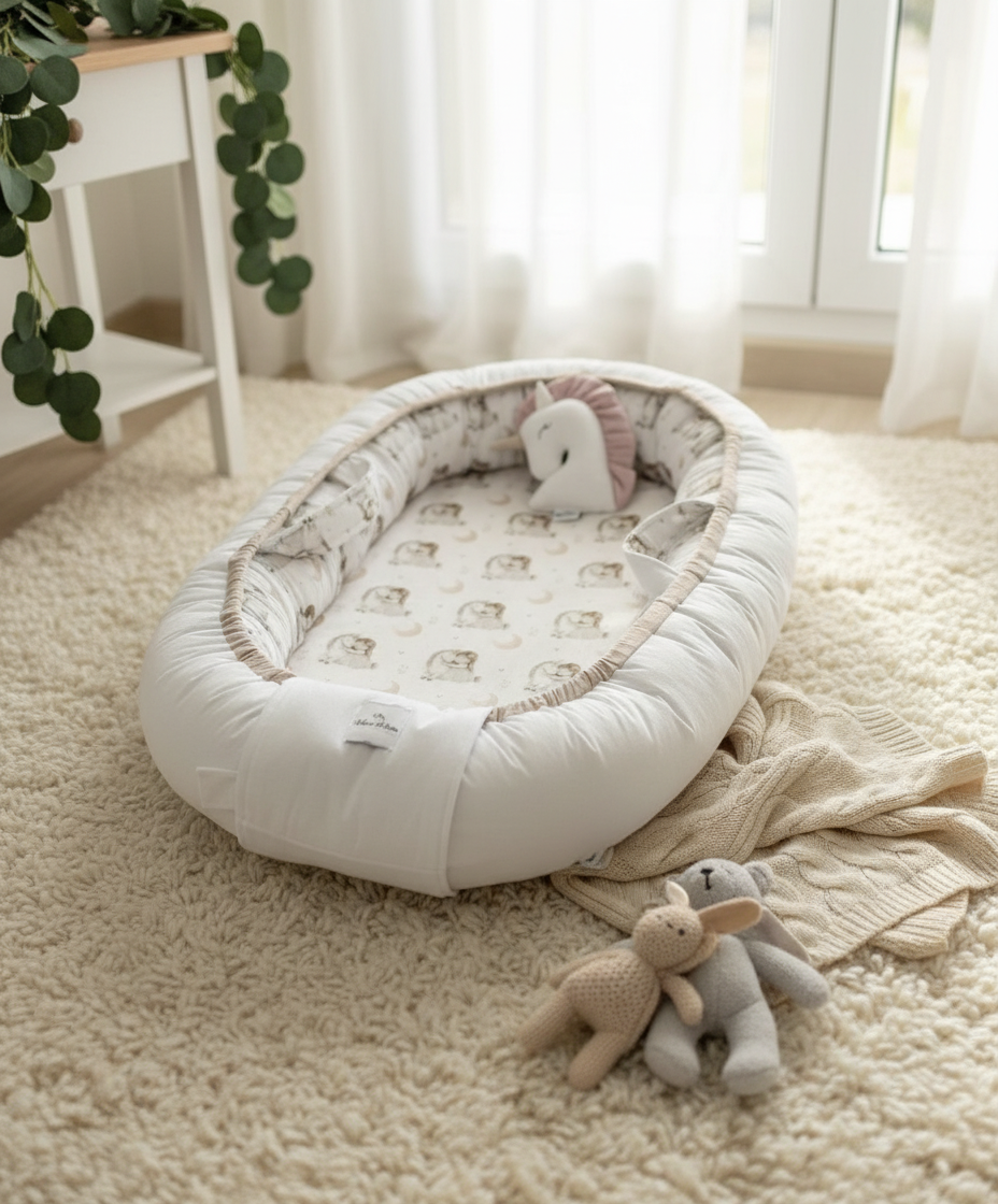 Handmade Baby Nest – Unicorn Cotton Muslin | Newborn Lounger for Crib