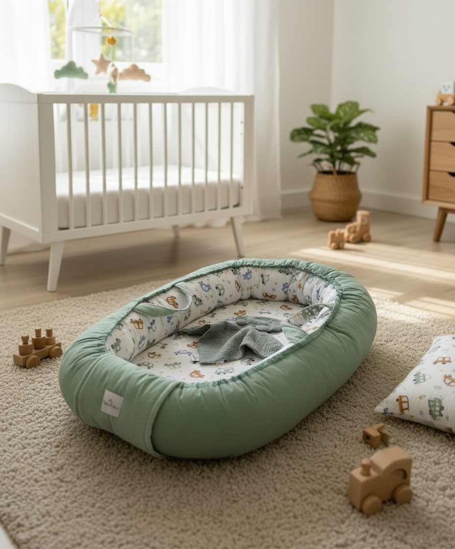 Handmade Baby Nest – Cars Cotton Muslin | Newborn Lounger for Crib