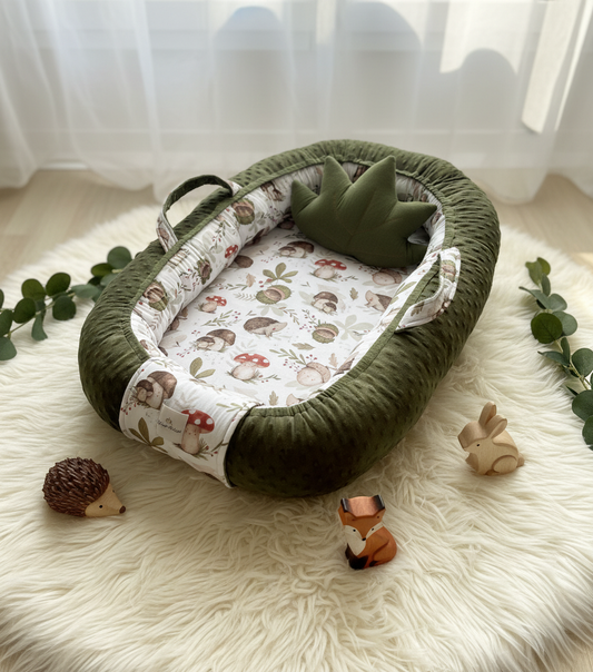 Handmade Baby Nest – Woodland Cotton Muslin | Newborn Lounger for Crib