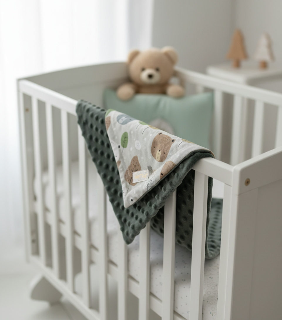 Double-sided baby blanket with cotton bear and forest print on one side and soft grey minky fabric on the other, displayed draped over a white crib in a cozy nursery.