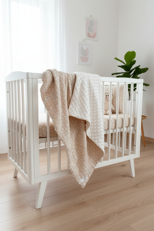 Double-sided baby blanket with cotton bear and forest print on one side and soft grey minky fabric on the other, displayed draped over a white crib in a cozy nursery.