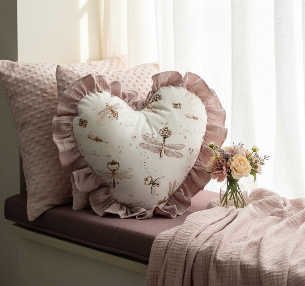 Heart-shaped decorative pillow with ruffled edge on a cushioned window seat with flowers.