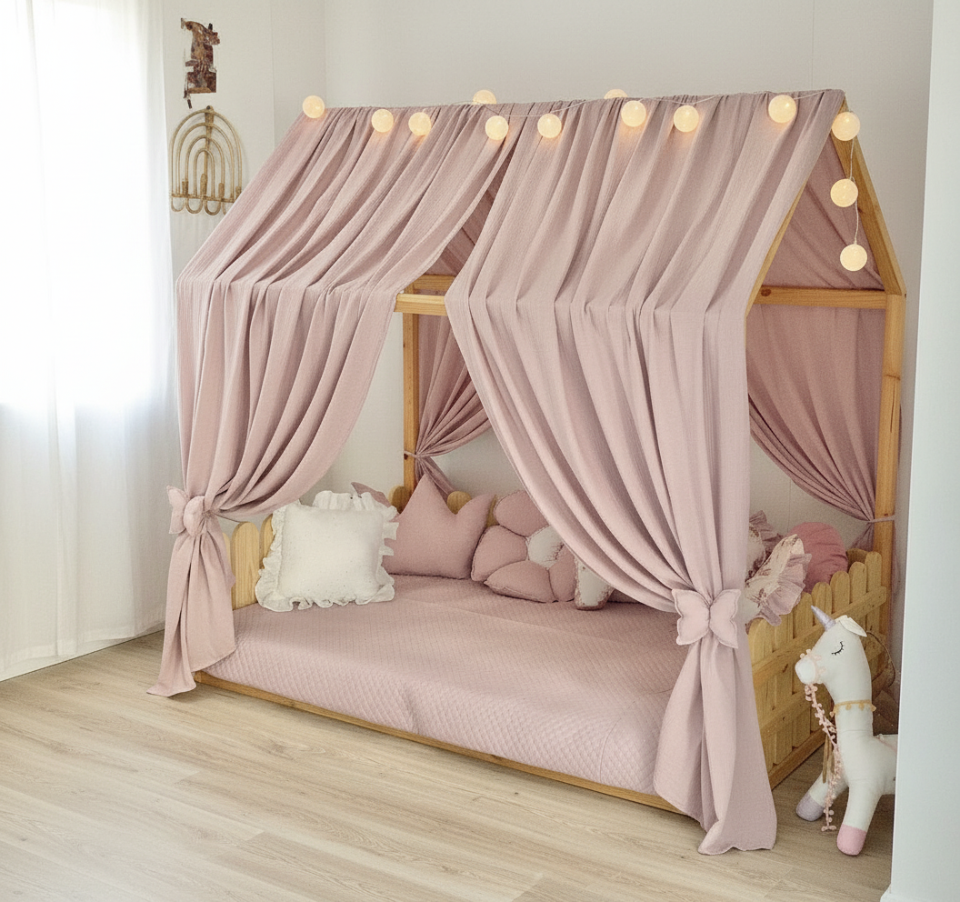 Kids playhouse canopy with pillows and cozy reading nook