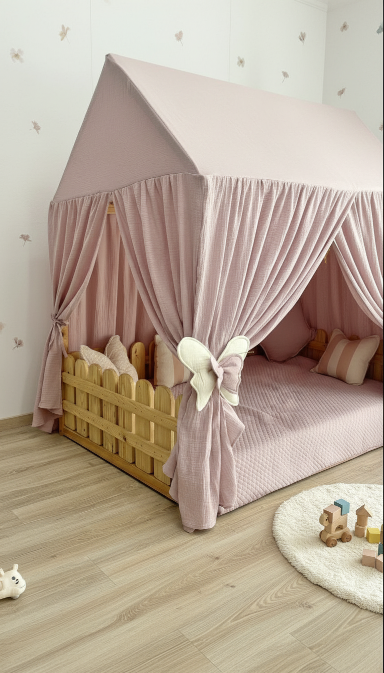 Soft 100% cotton muslin canopy fabric in dusty rose with bow ties and flower garland detail.