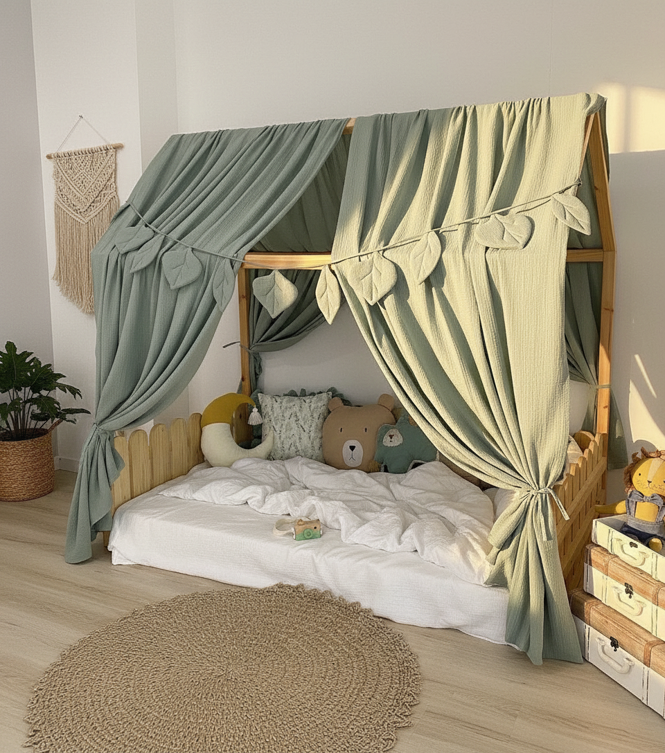 Montessori play space with leaf garland