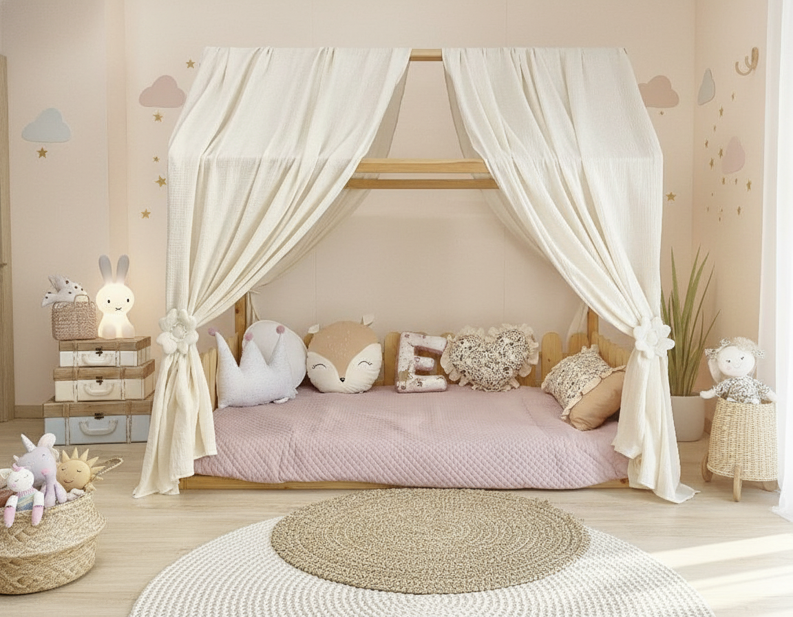 Cream canopy draped over Montessori floor bed