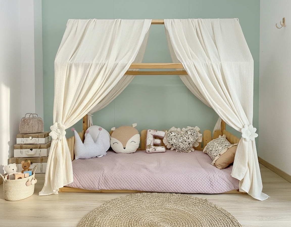 Cozy reading nook with flower tiebacks