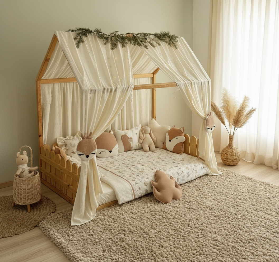 Calming kids bedroom with natural wood furniture, cream canopy and beige rug.
