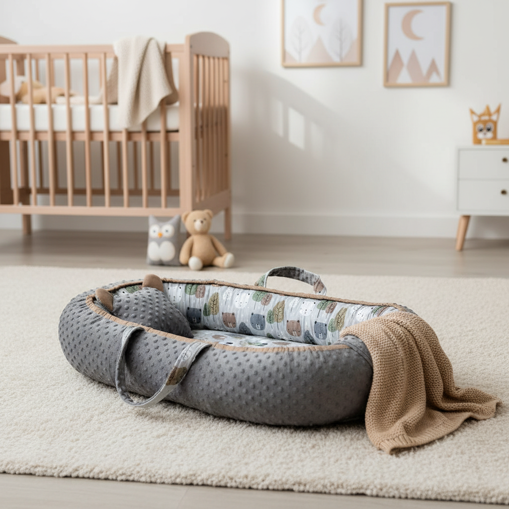 Baby bassinet with minky blanket in a nursery setting