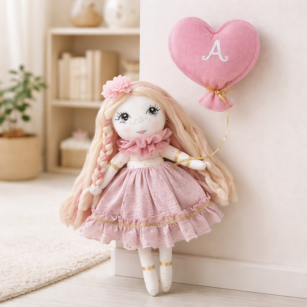 Handmade cloth doll in blush pink dress with hand-stitched face and long hair, heirloom fabric doll for nursery décor and baby gift
