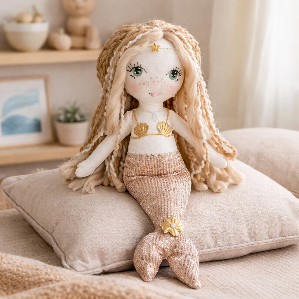 Handmade mermaid doll with hand-stitched face, yarn hair and soft fabric tail, styled in a neutral beach-inspired setting