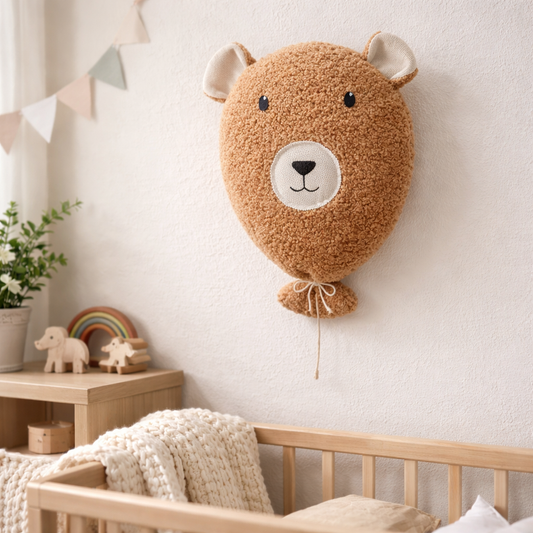 Handmade bear wall decor for kids nursery made of soft fabric in neutral tones