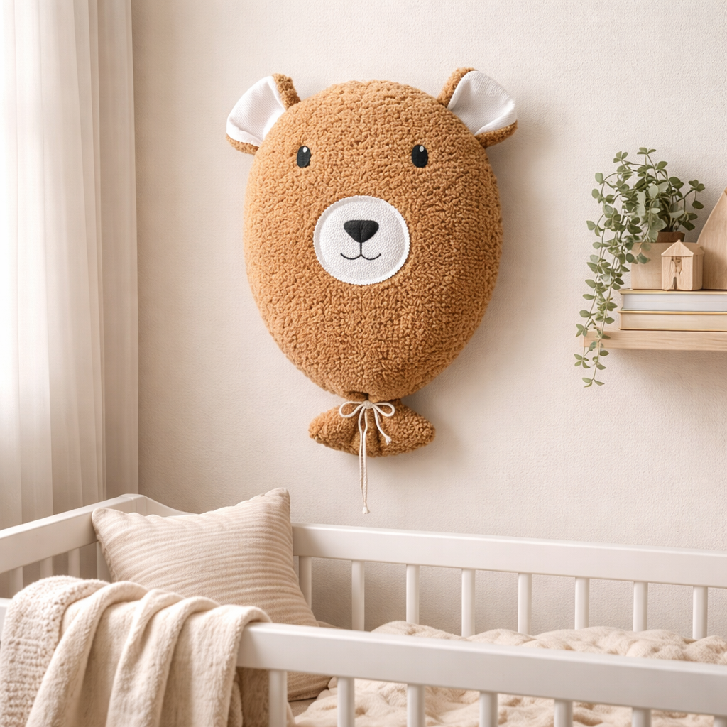 Handmade bear wall decor for kids nursery made of soft fabric in neutral tones