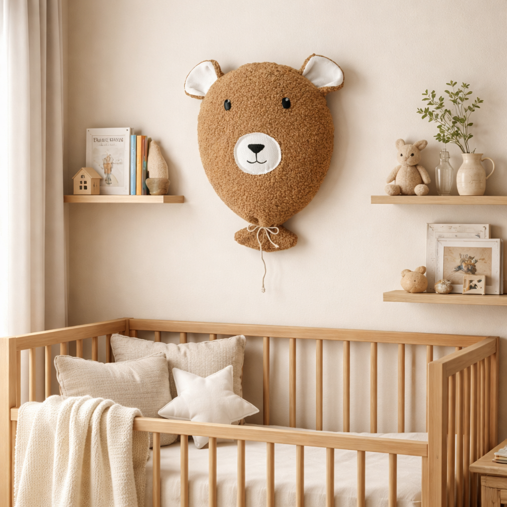 Handmade bear wall decor for kids nursery made of soft fabric in neutral tones