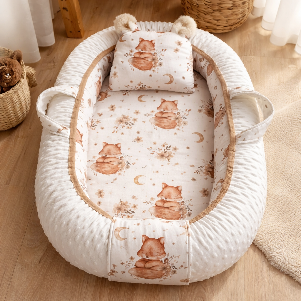 Neutral nursery baby nest with fox print cotton and soft padded edges