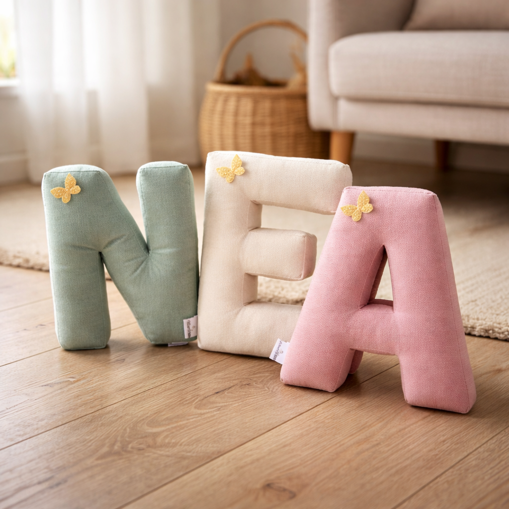 Personalized alphabet letter pillows spelling name in soft neutral nursery setting