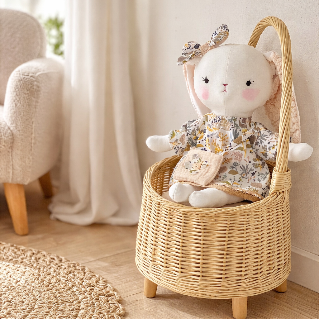 Handmade bunny fabric doll sitting on wooden floor in neutral kids room