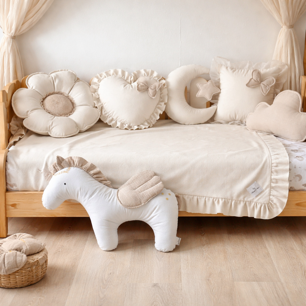 Children's room with a bed decorated with soft pillows and a plush horse toy on the floor.