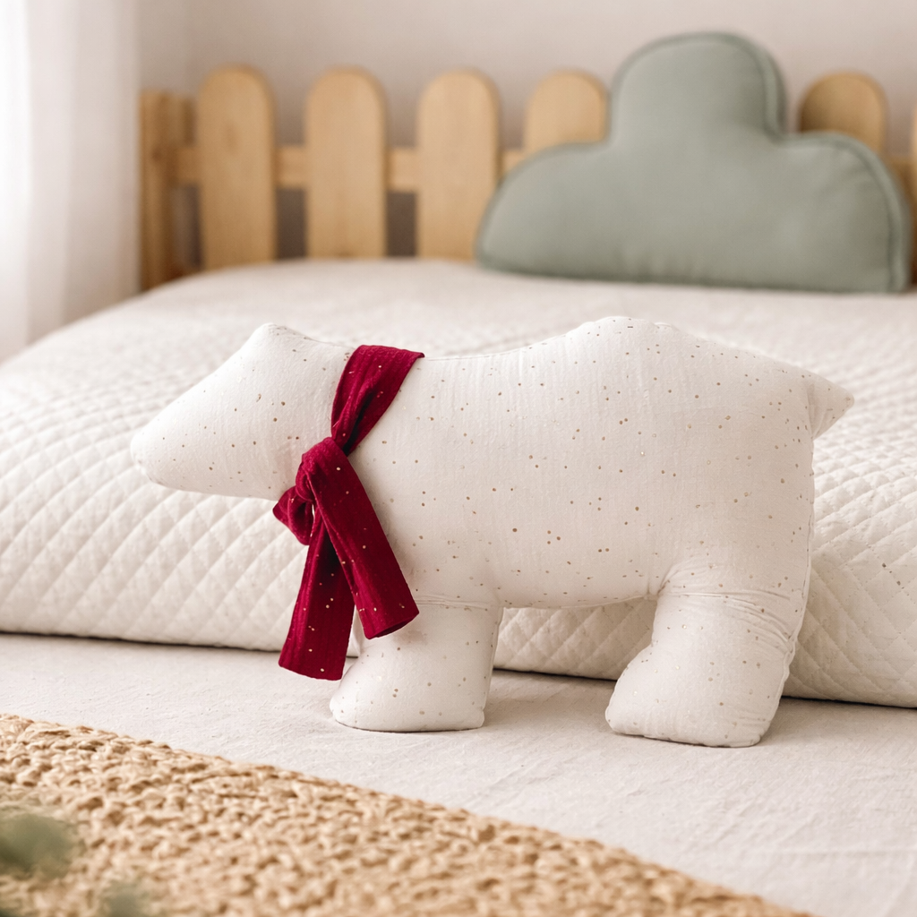 White polar bear pillow with a red bow on a bed with a wooden headboard and green cloud-shaped pillow.