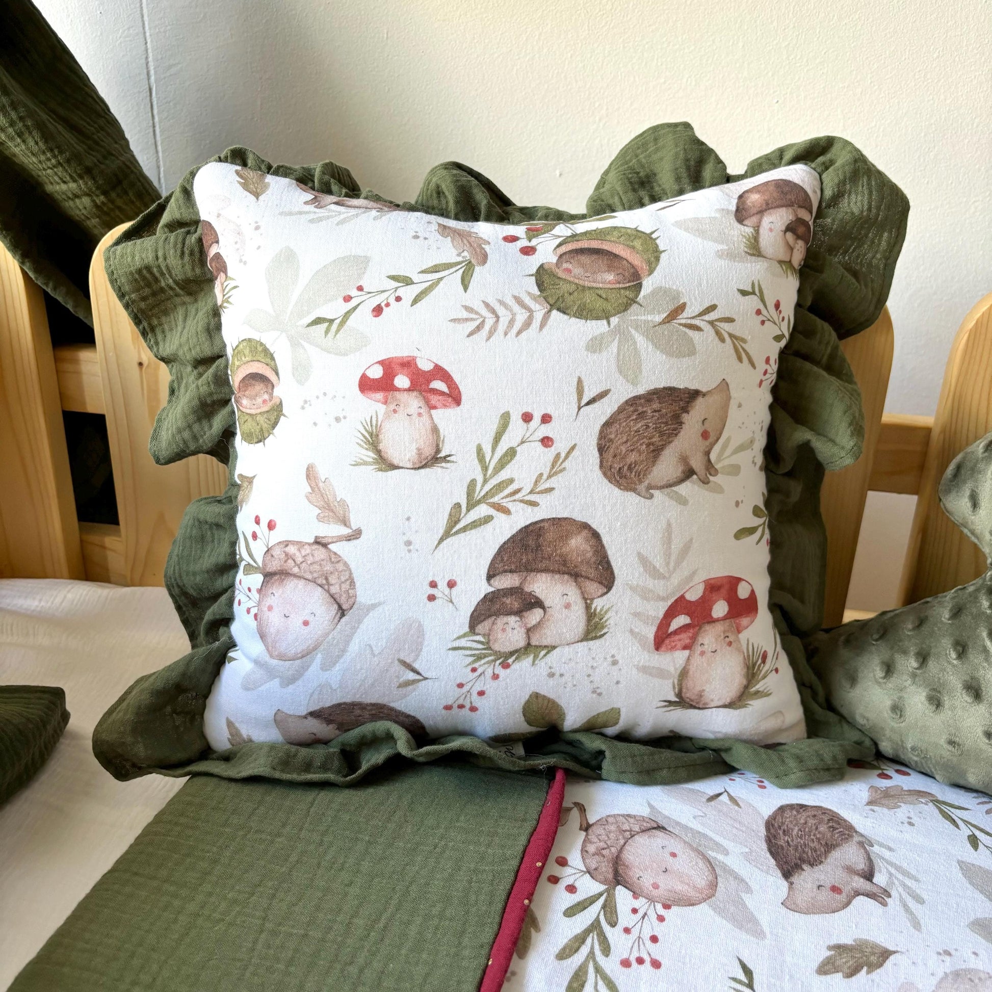 Kids Decorative Forest Friends Pillows, Mushroom Themed Children's Room